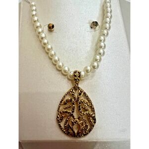 Faux Pearl Necklace & Earrings Gold Tone Pendant Vintage Inspired Bridal Classic